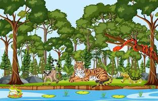personajes de dibujos animados de animales salvajes en la escena del bosque vector