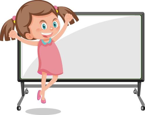 Cute girl holding blank board in cartoon style