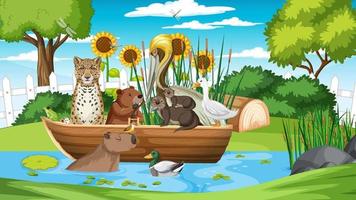 escena del bosque con animales salvajes vector