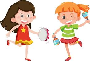 Two girls playing maracas and tambourine vector