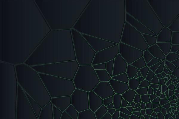 Abstract Voronoi diagram blocks in black background. Stylish polygonal shapes elements with gradient backlight. Minimal and clean simple geometric broken shapes illustration