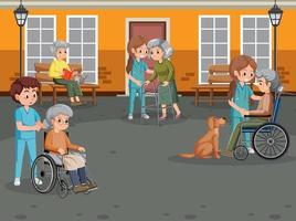 Outdoor park with elderly people and caregivers vector