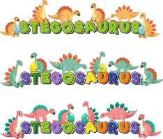 logotipo de la palabra estegosaurio con personaje de dibujos animados de dinosaurios vector