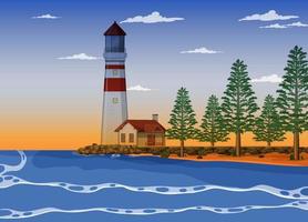 Lighthouse on the coast at dawn scene vector