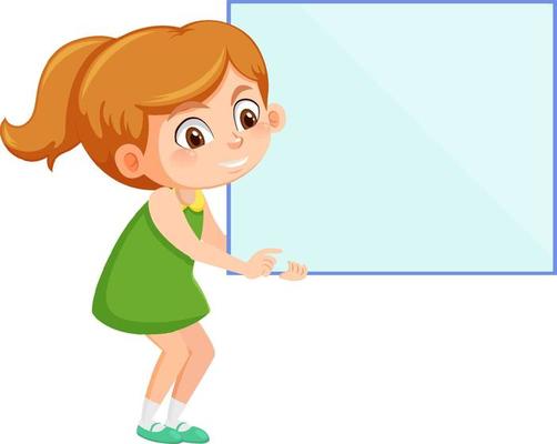 Cute girl holding blank board in cartoon style