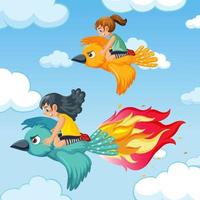 Girls riding flying biard racing in sky vector