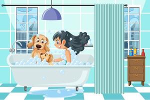 A girl taking a bath with a dog vector