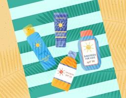 Summer skin care products on beach mat under tropical palm leaves. Sunscreen tube, bottles and spray. Sunblock cream and lotion for UV protection. Flat vector illustration