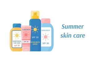 Summer skin care. Vector set of sunscreen products. Sunblock tube, spray and bottle. UV protection cream and lotion. Safe tanning concept. Flat illustration