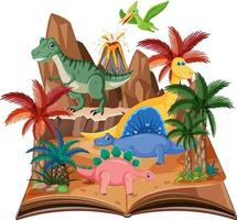 libro abierto con dinosaurio en el bosque prehistórico vector