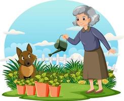 mujer mayor jardinería y su perro vector