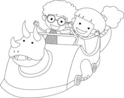 Kids in dinosaur racing car  black and white doodle character vector