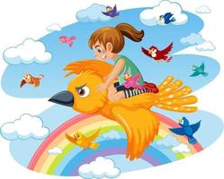 Girl riding a bird on the sky vector