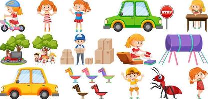 Set of cute kids and objects vector