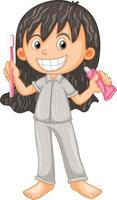 niña en pijama con cepillo de dientes y pasta de dientes vector