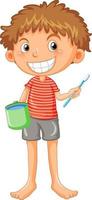 Boy smiling after brushing teeth holding cup and toothbrush