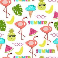 Summer seamless pattern. Flamingo, watermelon, pineapple and holiday elements vector
