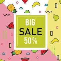 Summer sale banners.  memphis elements and fruits vector