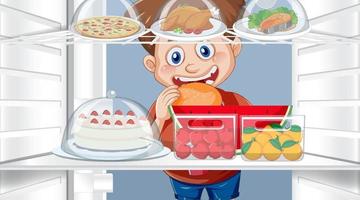 Hungry boy looking foods in fridge vector