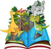 libro abierto con dinosaurio en el bosque prehistórico vector