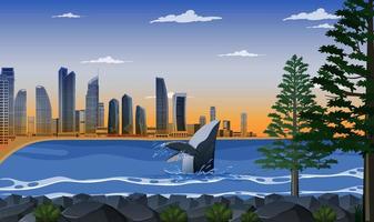 Beach city at dawn background vector