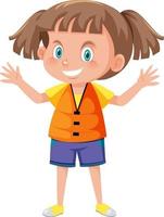 Little girl wearing orange life jacket in cartoon style vector
