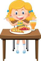 Happy girl enjoy eating food on table vector