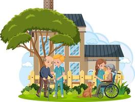 Elderly couple with caregiver in front of house vector