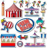 Sticker set of amusement park objects and cartoon characters vector