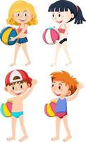 Kid holding beach ball on white background vector