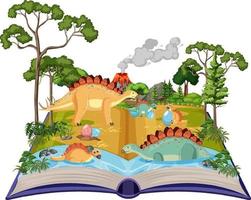 Opened book with various dinosaurs in the forest vector