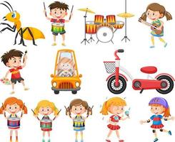 Set of different cute kids and objects vector