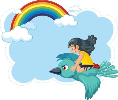 A girl riding a bird flying in sky banner