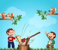 Monkey chopping wood in the park vector