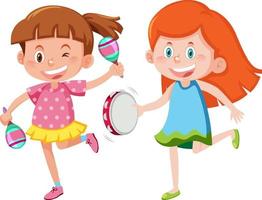 Two girls playing maracas and tambourine vector