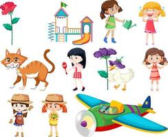 Set of different cute kids and objects vector