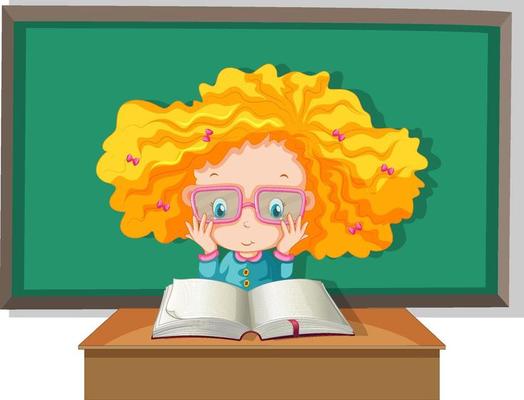 Student with curly hair reading a book wih board on the background