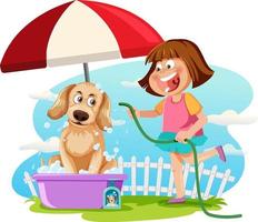 una niña lavando a su perro de dibujos animados vector