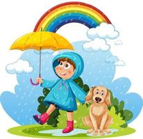 día lluvioso con una chica con impermeable y un perro
