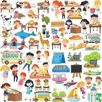 Set of different cute kids and objects vector