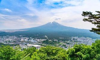 Beautiful Fuji mountain with cloud and blue sky in summer, the famous landmark and attraction place of tourists who have a long holiday in Japan, Lake Kawaguchiko photo