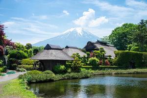 Beautiful Fuji mountain with cloud and blue sky  in the summer at Oshino Hakkai the old Japanese village, the famous landmark and attraction place of tourists who have a long holiday in Japan photo