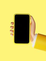 Cartoon hand with black empty screen smartphone 3D rendering on yellow background illustration photo