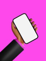 3D rendering business suit cartoon dark skin hand holding empty screen smartphone illustration. 3d mockup illustration on pink colour theme photo