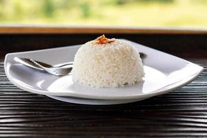 aesthetic rice on plate, Asian cuisine menu Balinese and Indonesian food on wooden background photo