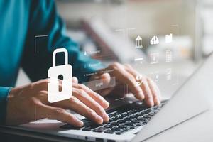 cybersecurity concept Global network security technology, business people protect personal information. Encryption with a key icon on the virtual interface. photo