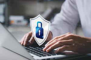 cybersecurity concept Global network security technology, business people protect personal information. Encryption with a key icon on the virtual interface. photo