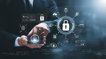 cybersecurity concept Global network security technology, business people protect personal information. Encryption with a key icon on the virtual interface. photo