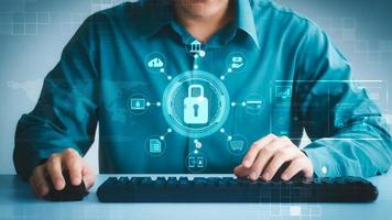 cybersecurity concept Global network security technology, business people protect personal information. Encryption with a key icon on the virtual interface. photo