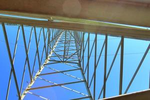 Close up view on a big power pylon transporting electricity in a countryside area photo